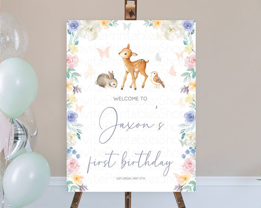 Fawn Welcome Sign Deer Welcome Board Floral Deer Welcome Poster Enchanted Forest Butterfly Pastel Floral First Birthday Welcome Sign D10930