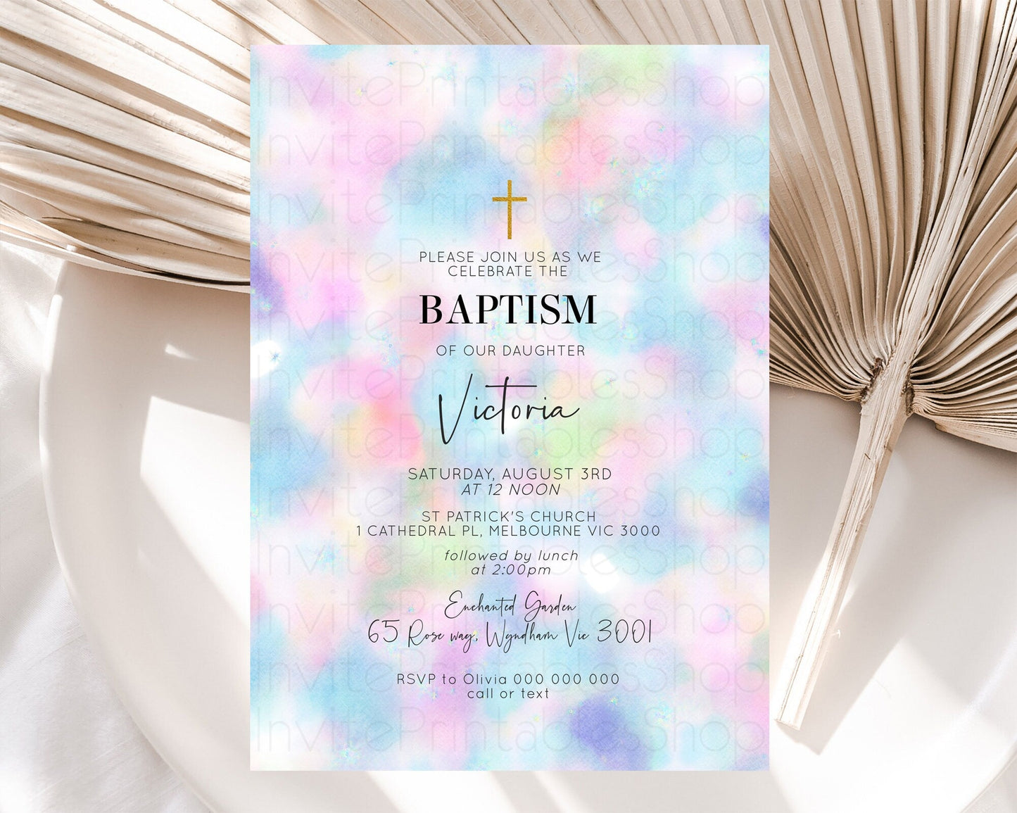 Pastel Baptism Invitation Pastel Colors Watercolor Baptism 1st Birthday Party Gold Ombre Pastel Rainbow Christening Holy Communion D10694