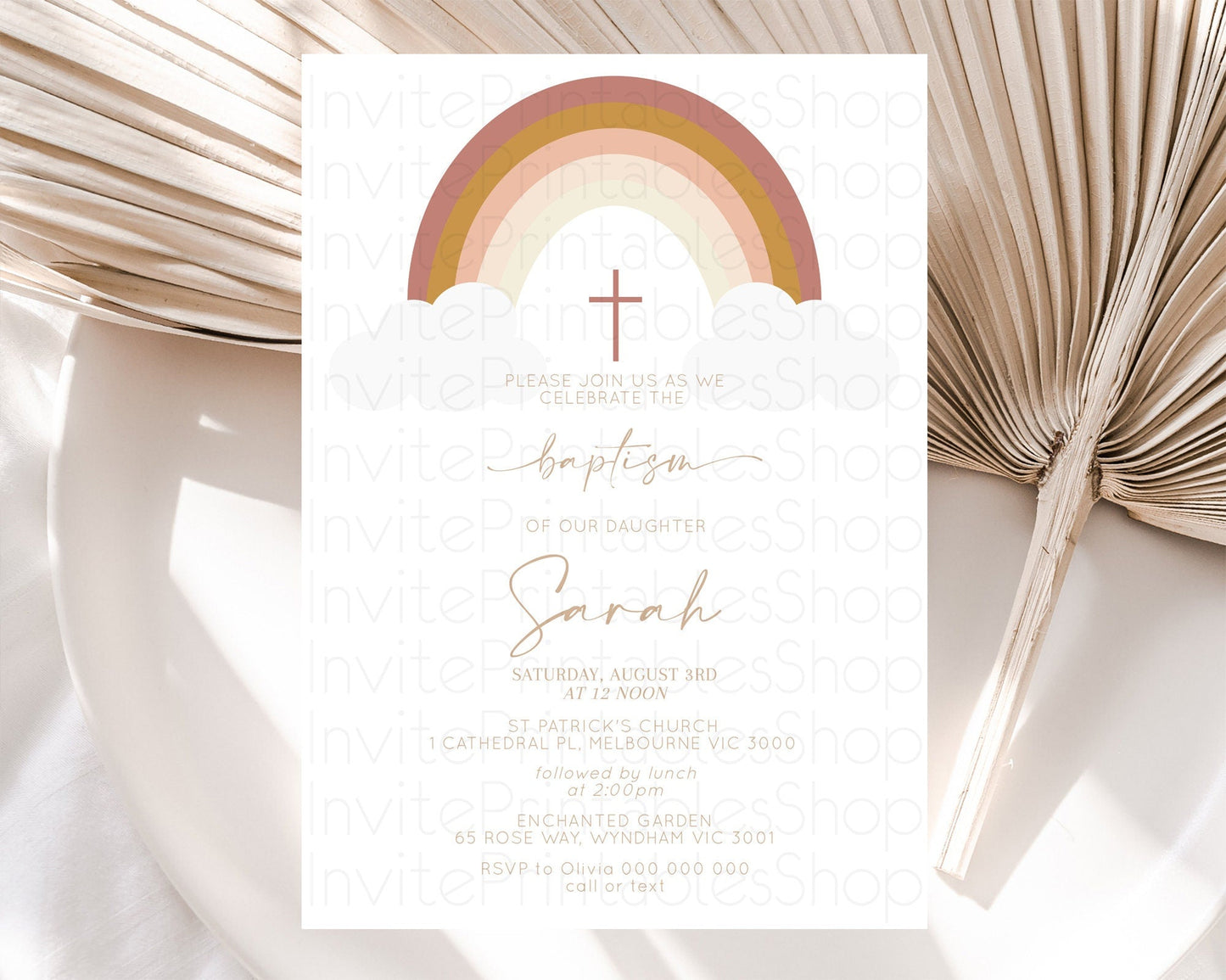 Pastel Rainbow Baptism Invitation Boho Rainbow Baptism 1st Birthday Invitation Rainbow Pastel Watercolor Christening Invitation D10122