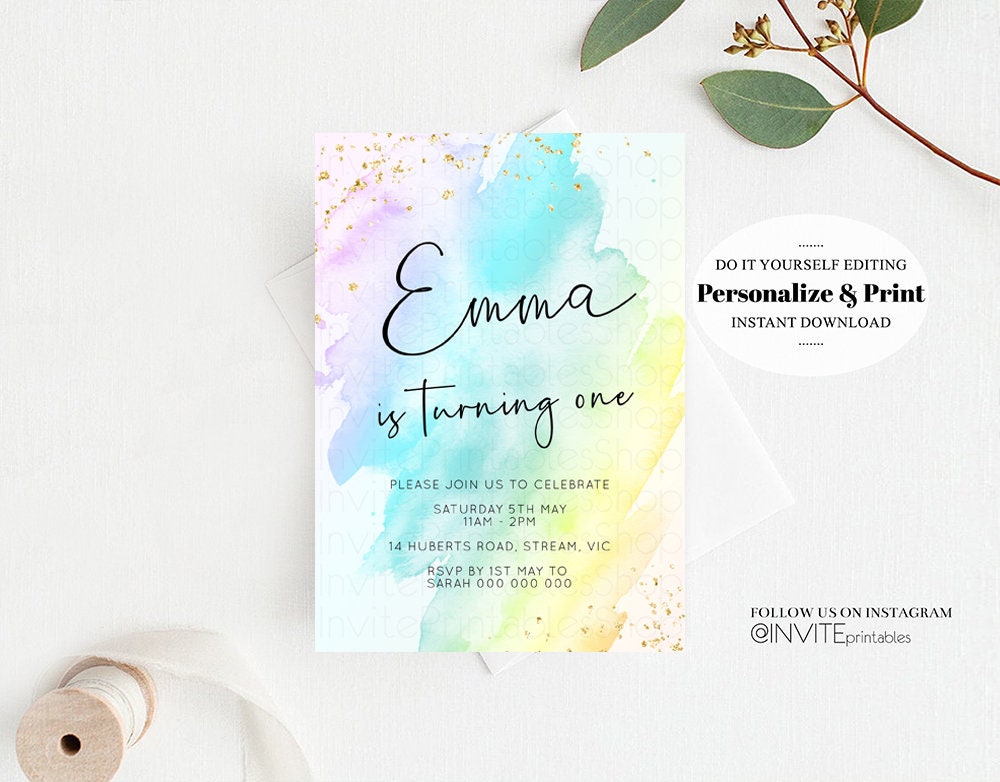 Rainbow Birthday Invitation Ombre Pastel Invitation Colorful Watercolor Splash Invite Gold Glitter Sprinkles Printable Digital Invite 146