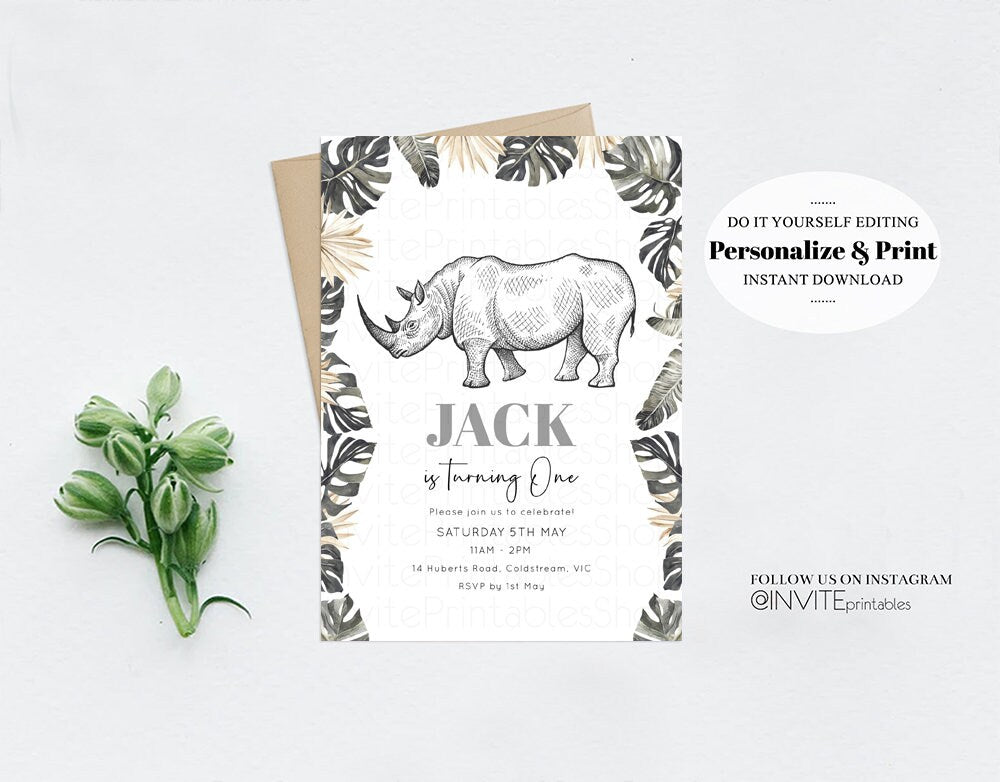 Rhinoceros Birthday Invitation Watercolor Rhino Tropical Palm Jungle Safari Adventure Zoo Party Wild Party Animal Editable Invite p269