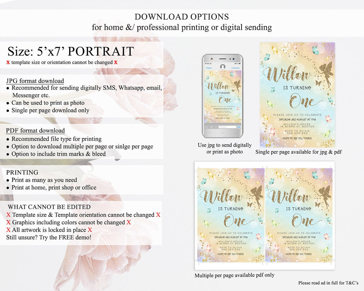Pastel Fairy Birthday Invitation Pastel Butterflies Fairy Birthday Invitation Rainbow Ombre Watercolor 1st 2nd Birthday Invitation D23159