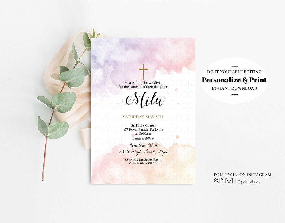 Pink Watercolor Baptism Invitation Pastel Purple Christening Invitation Splash Glitter Gold Sprinkles Foil Splatter Holy Communion Cross