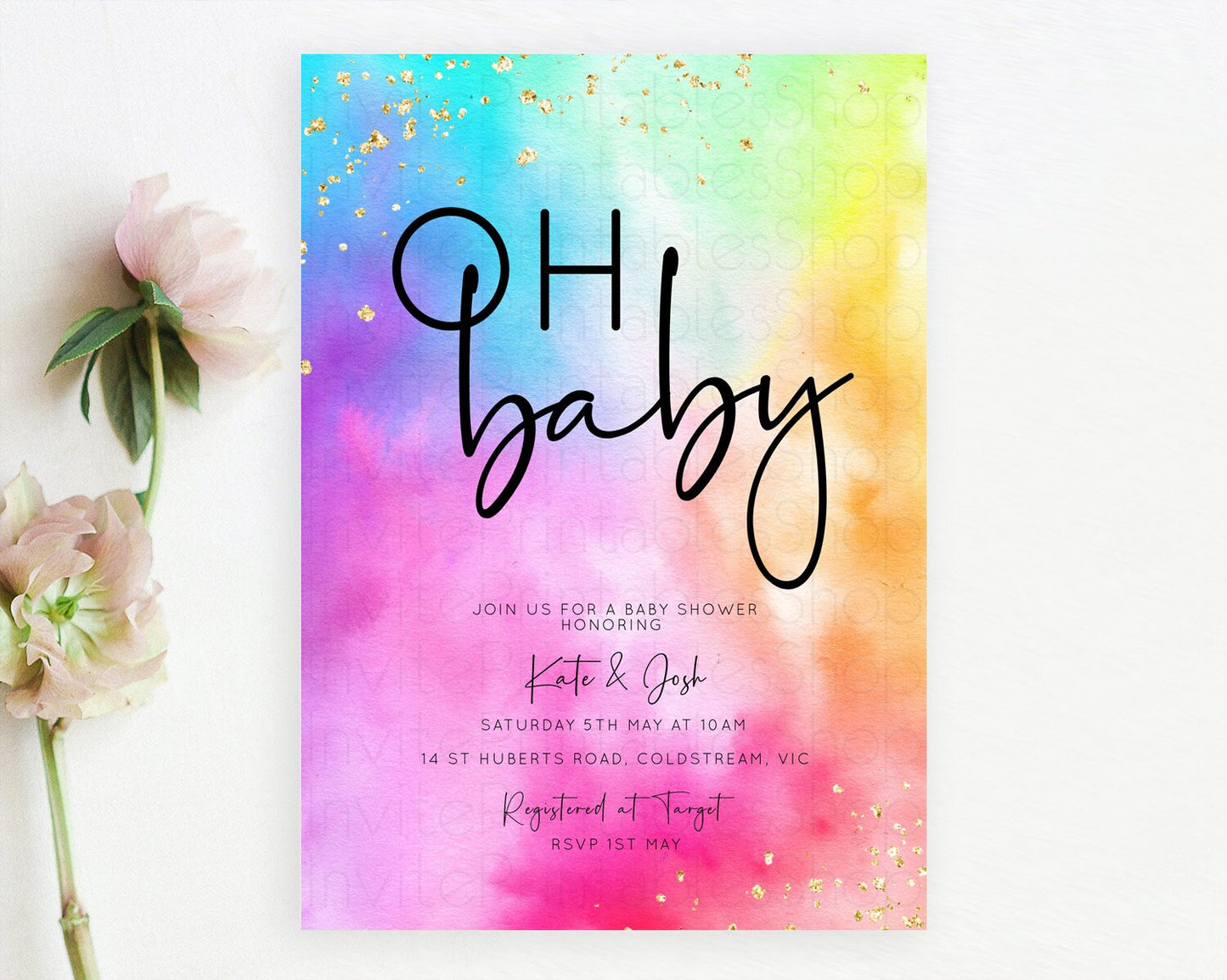 Pastel Baby Shower Invitation Rainbow Baby Shower Invitation Colorful Pastel Watercolor Invitation Gold Glitter Sprinkles Ombre D10456