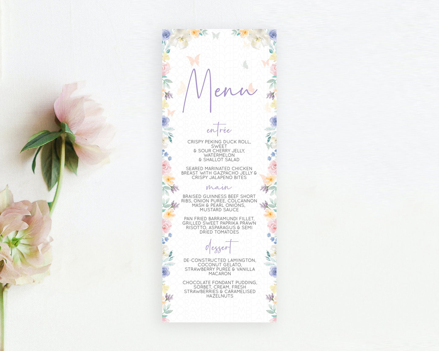 Secret Garden Menu Wildflower Menu Template Pastel Flower Garden Table Decor Boho Floral Dinner Dessert Floral Party Food Menu D10710