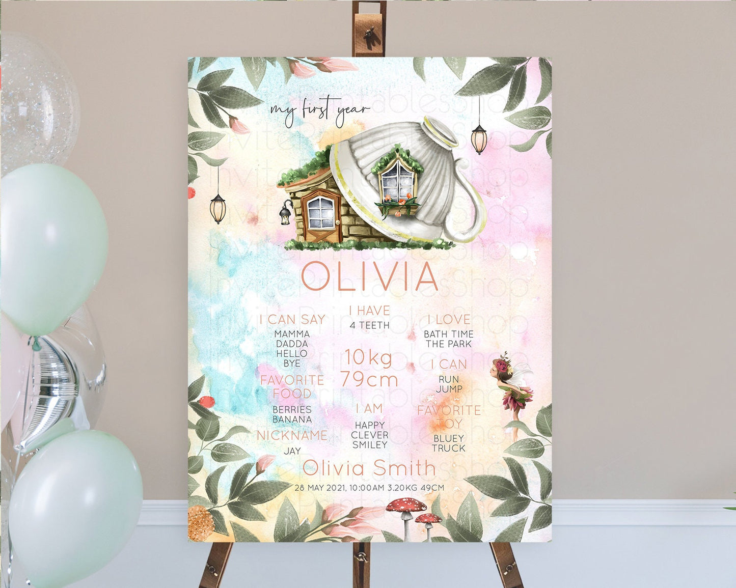 Fairy First Birthday Milestone Poster Fairy Secret Garden Milestone Board Enchanted Garden Pastel Floral Butterfly 1st Birthday Sign D10555