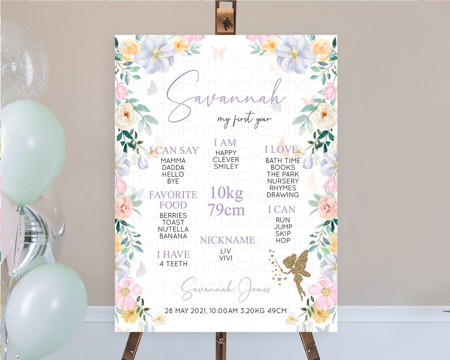 Fairy First Birthday Milestone Poster Fairy Secret Garden Milestone Board Enchanted Garden Pastel Floral Butterfly 1st Birthday Sign D10474