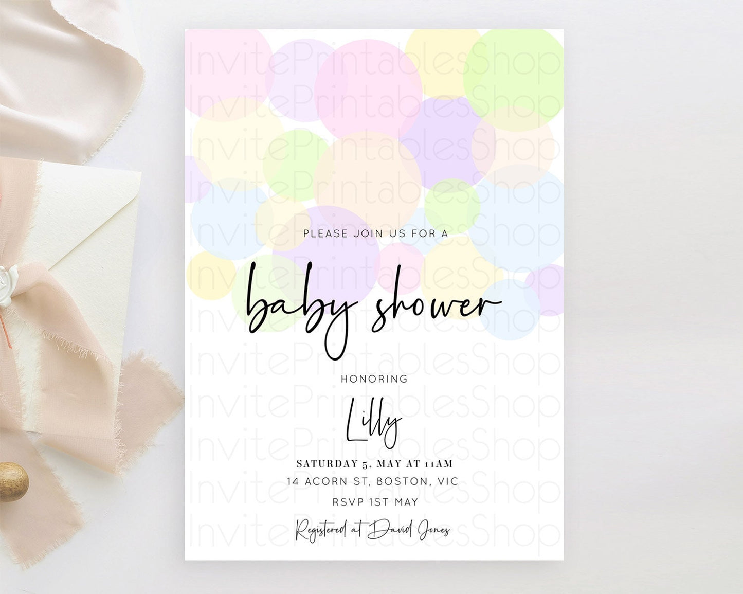 Pastel Rainbow Baby Shower Invitation Pastel Confetti Invitation Sprinkles Bubbles Invitation Colorful Rainbow Confetti Theme D10229