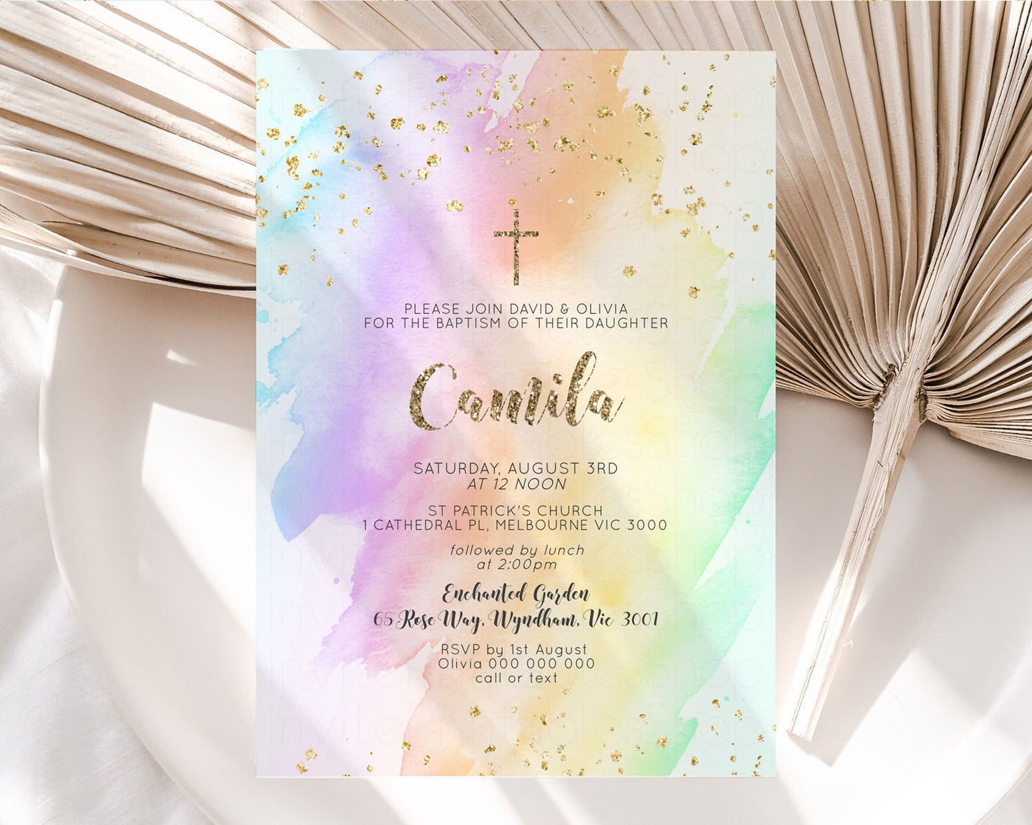 Rainbow Baptism Invitation Pastel Christening Invitation Holy Communion Invitation Glitter Watercolor Splash Invitation Colorful Invite 602