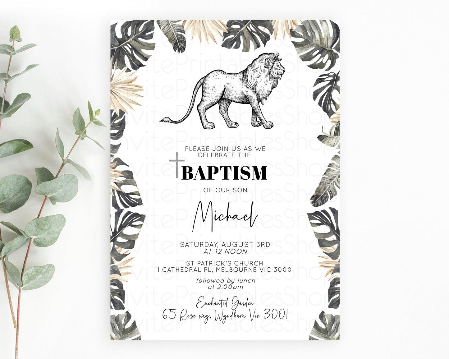 Lion Baptism Invitation Lion Baptism 1st Birthday Invitation Modern Safari Adventure Lion Christening Invitation Holy Communion D10807