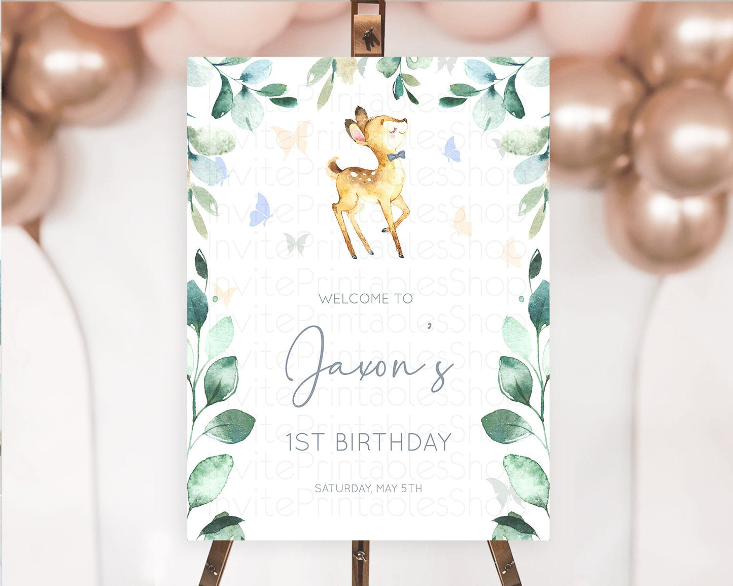 Fawn Welcome Sign Deer Welcome Board Floral Deer Welcome Poster Enchanted Forest Butterfly Pastel Floral First Birthday Welcome Sign D10767