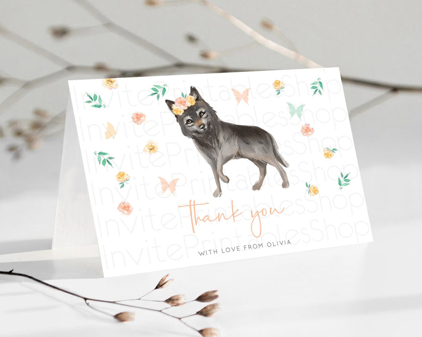 Editable Wolf Thank You Wolf Thank You Card Pastel Floral Wolf Birthday Than