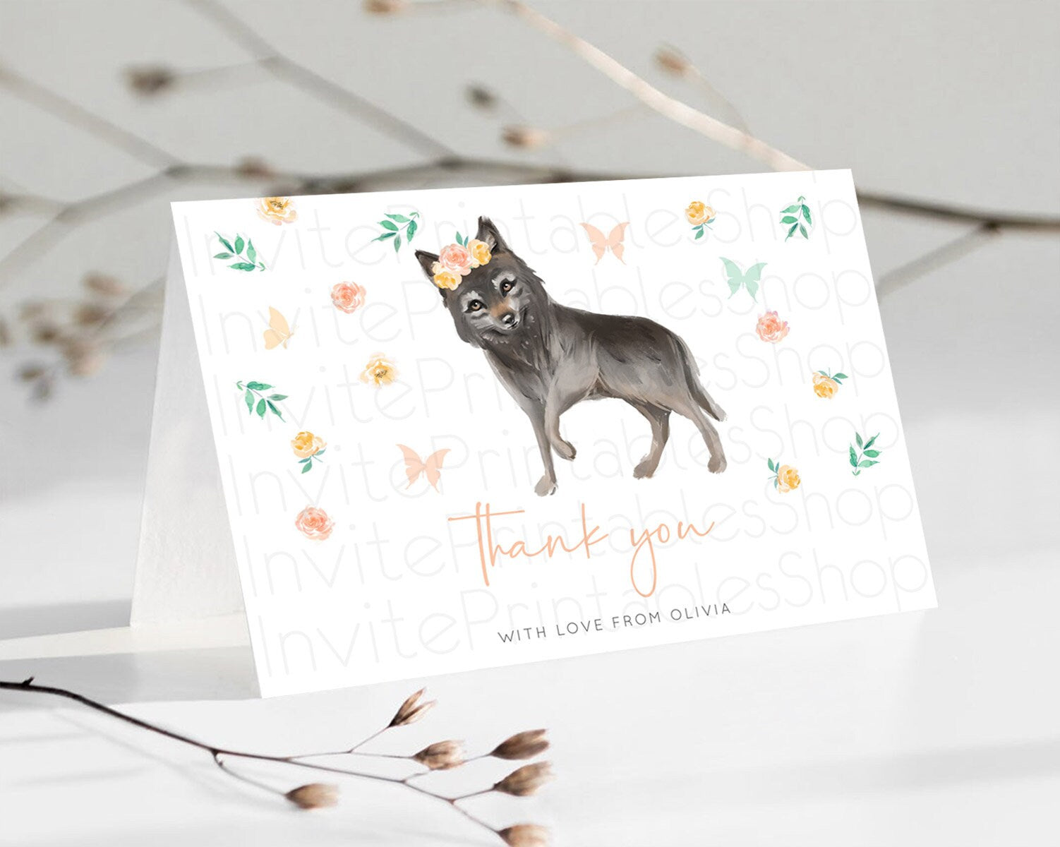 Editable Wolf Thank You Wolf Thank You Card Pastel Floral Wolf Birthday Than