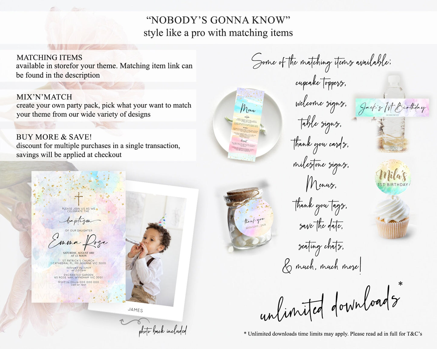 Pastel Baptism Invitation Pastel Colors Watercolor Baptism 1st Birthday Party Gold Ombre Pastel Rainbow Christening Holy Communion D10605