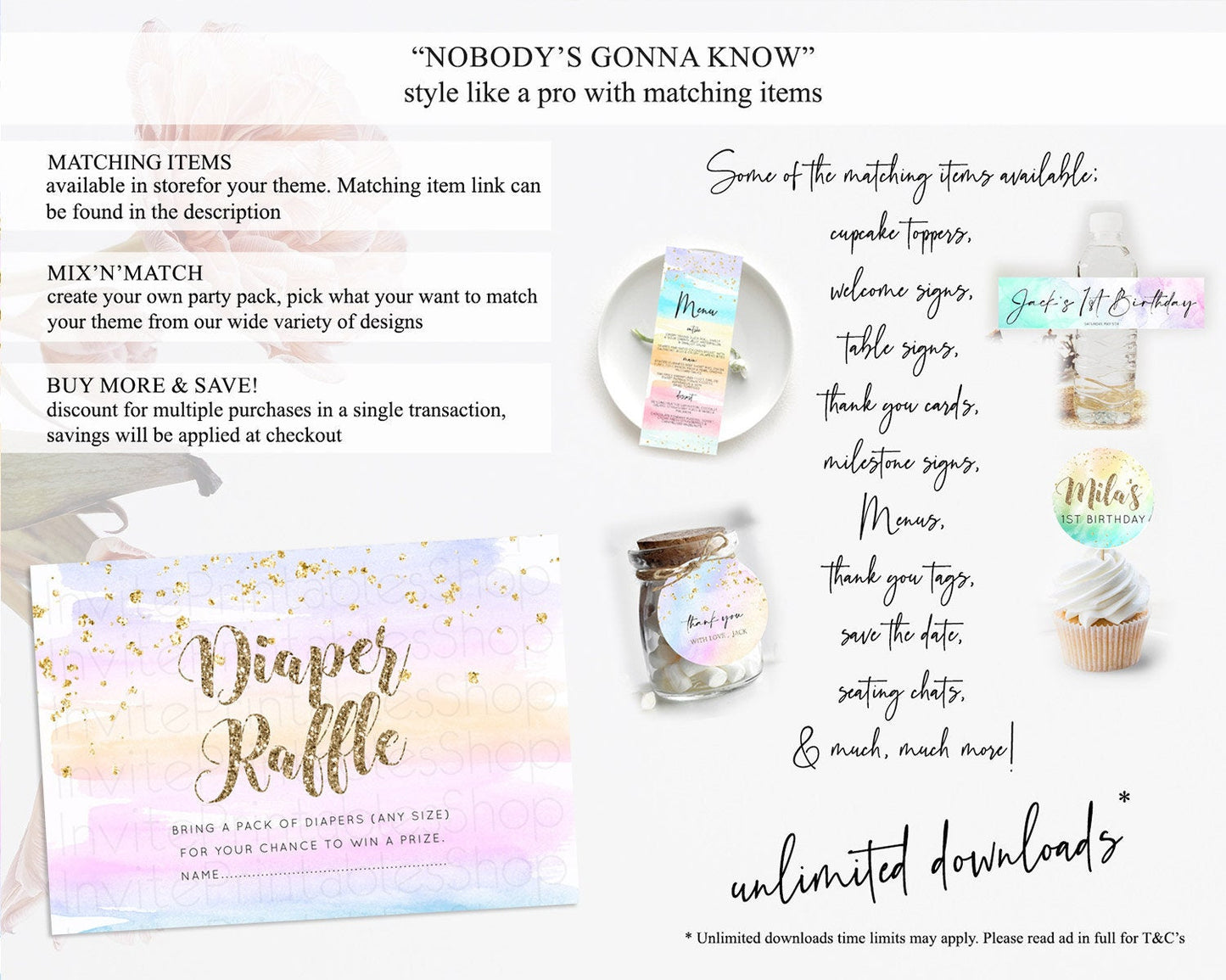 Pastel Diaper Raffle Card Pastel Rainbow Diaper Raffle Insert Colorful Ombre Watercolor Diaper Ticket Confetti Glitter Raffle Game D10595