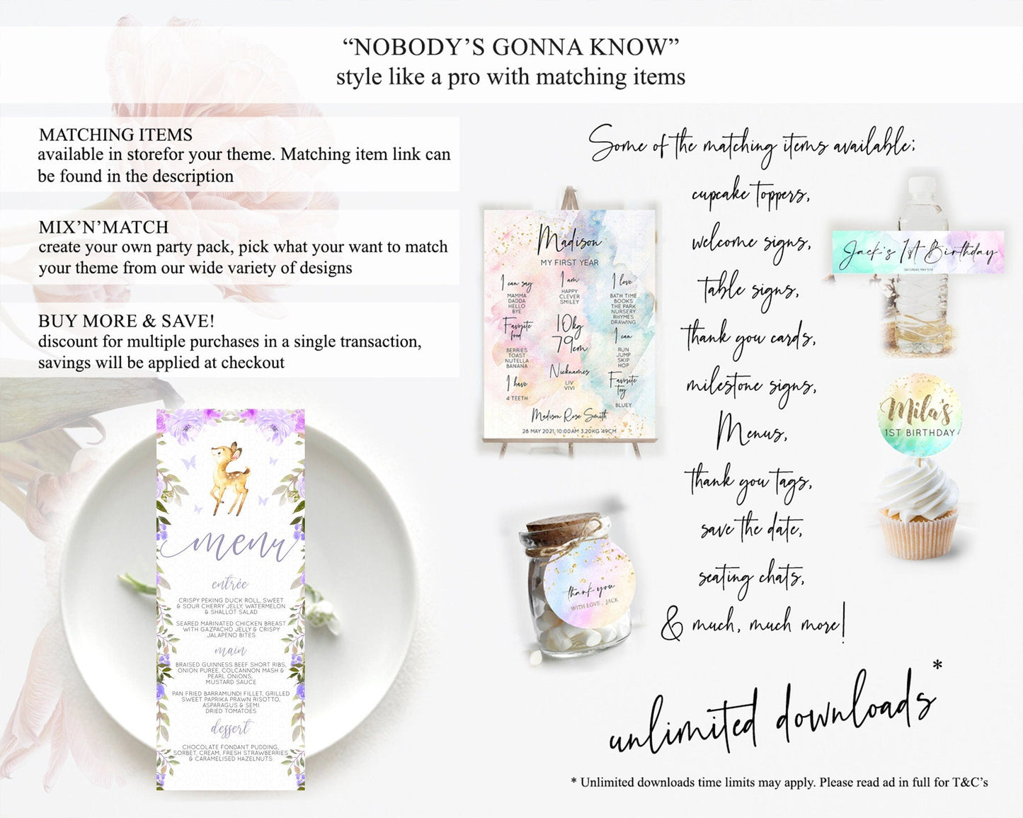 Fawn Menu Deer Menu Template Pastel Floral Deer Table Decor Enchanted Forest Butterfly Floral Dinner Dessert Menu Party Food Menu D10916