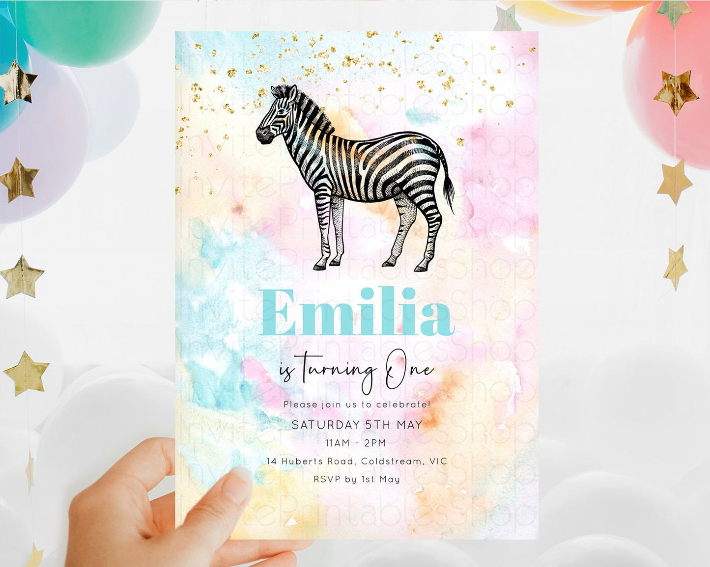 Pastel Zebra Birthday Invitation Pastel Zebra Invite Rainbow Zebra Invitation Colorful Watercolor Invite Safari Zoo Glitter Invite D10281