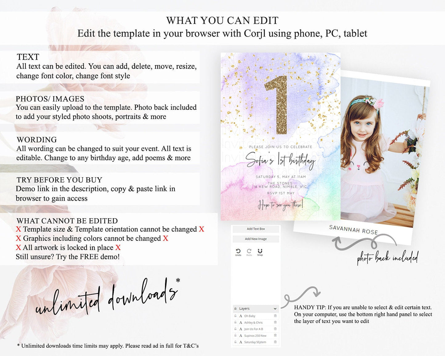 Rainbow Birthday Invitation Colorful Pastel Watercolor Invitation Gold Glitter Sprinkles Ombre Pastel 1st 2nd 3rd Birthday D10215