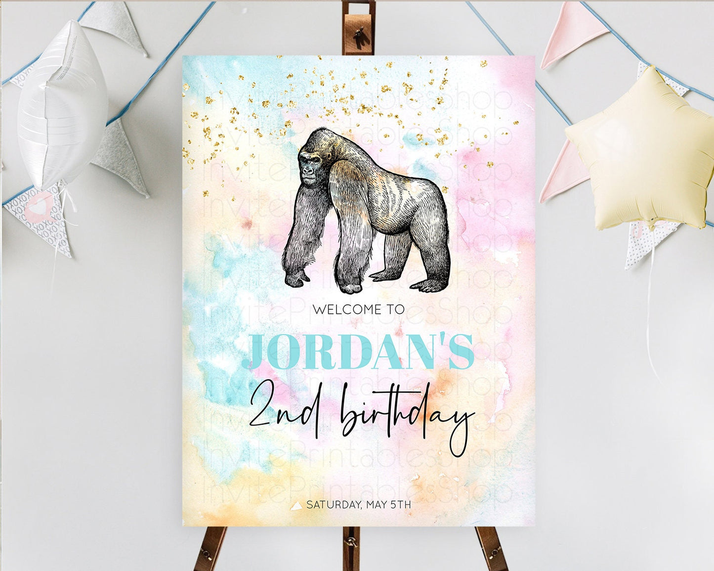Pastel Gorilla Welcome Sign Rainbow Gorilla Welcome Board Colorful Rainbow Pastel Confetti Watercolor First Birthday Welcome Sign D10284