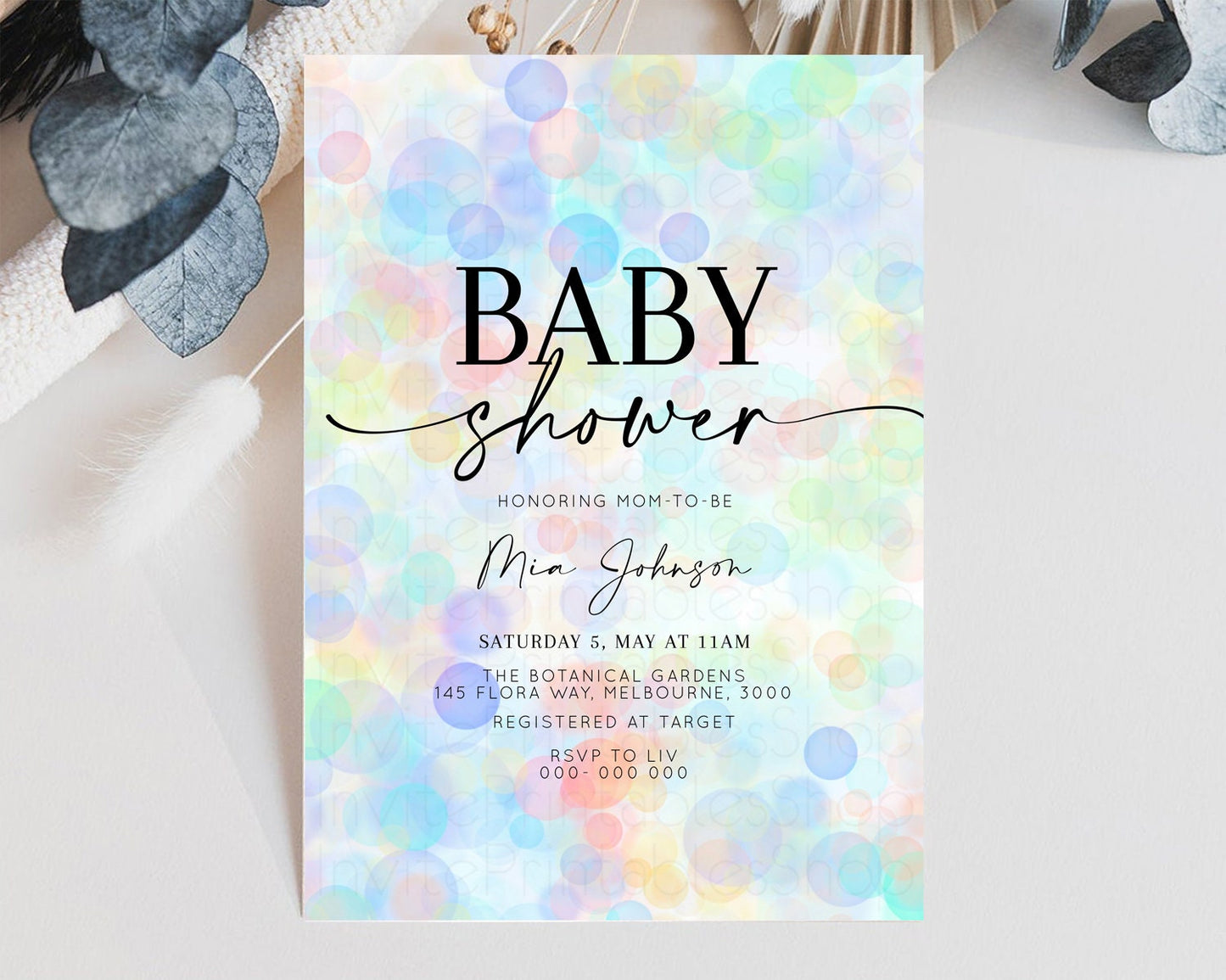 Rainbow Baby Shower Invitation Pastel Invite Colorful POP Invitation Confetti Sprinkles Invite Oh Baby Glitter Blue Pink Yellow Green T500