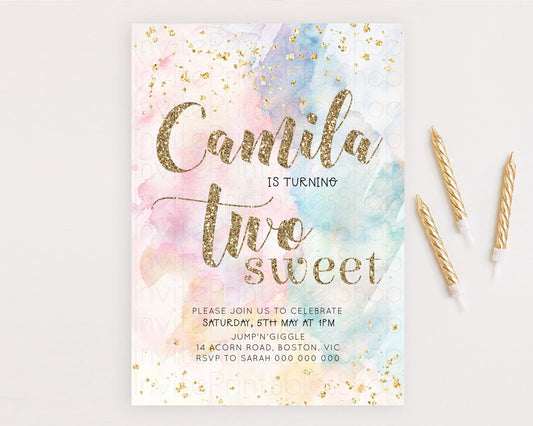 Rainbow Birthday Invitation Glitter Pastel Invitation Colorful Watercolor Gold Foil Splatter Sprinkle Ombre Two Sweet Invitation D10264