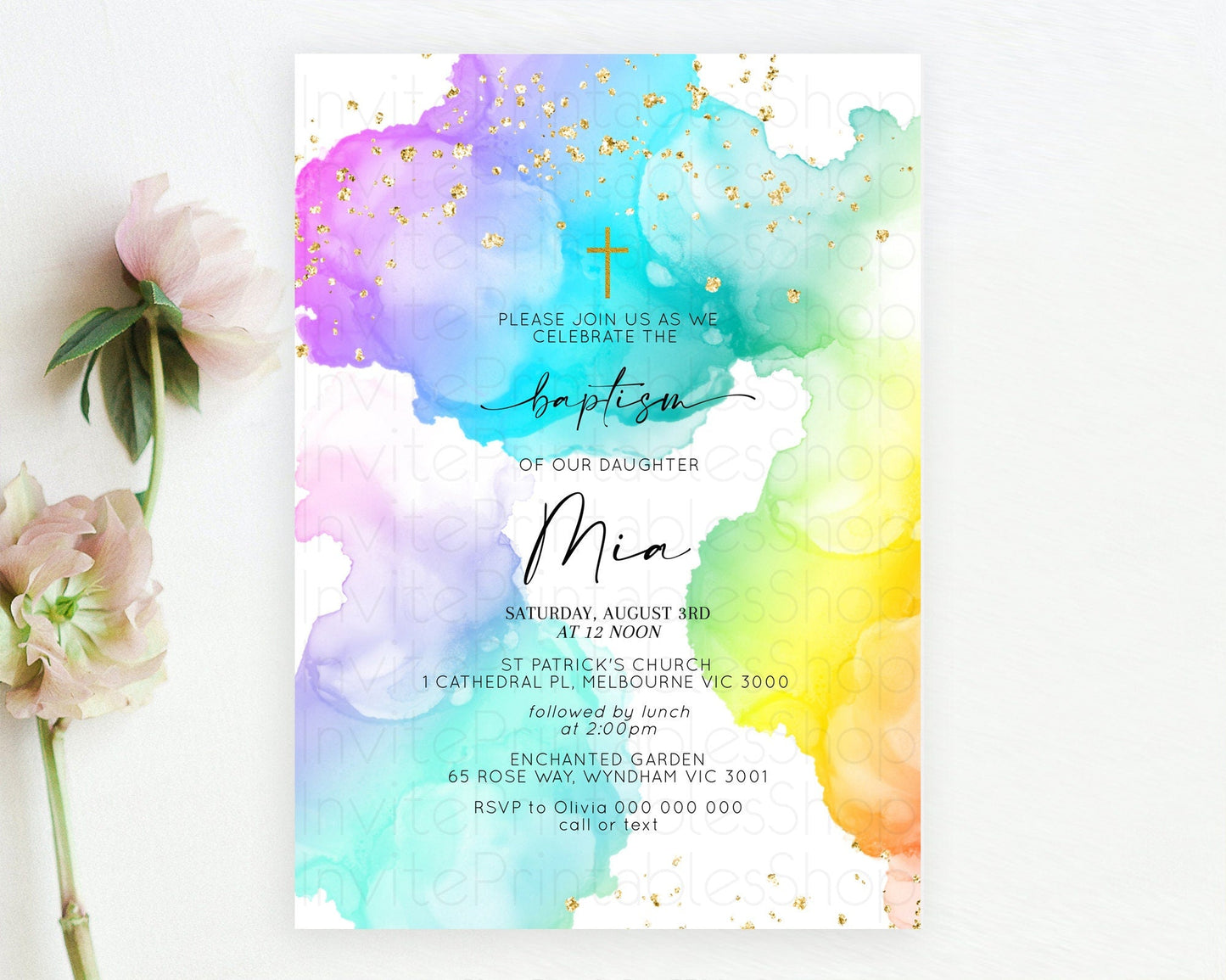 Pastel Baptism Invitation Pastel Colors Watercolor Baptism 1st Birthday Party Gold Ombre Pastel Rainbow Christening Holy Communion D10213