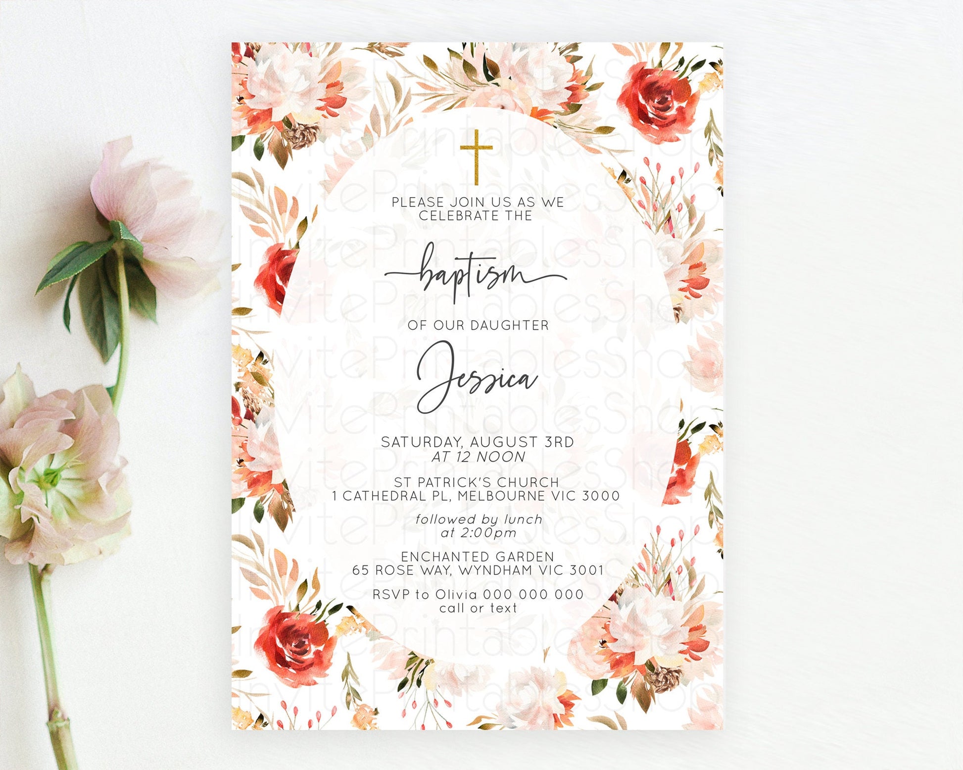 Editable Secret Garden Baptism Invitation Wildflower Baptism Birthday Invite