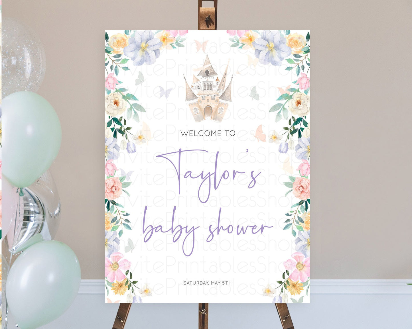 Princess Baby Shower Welcome Sign Castle Welcome Board Secret Garden Enchanted Castle Pastel Floral Garden Baby Shower Welcome Sign D10473