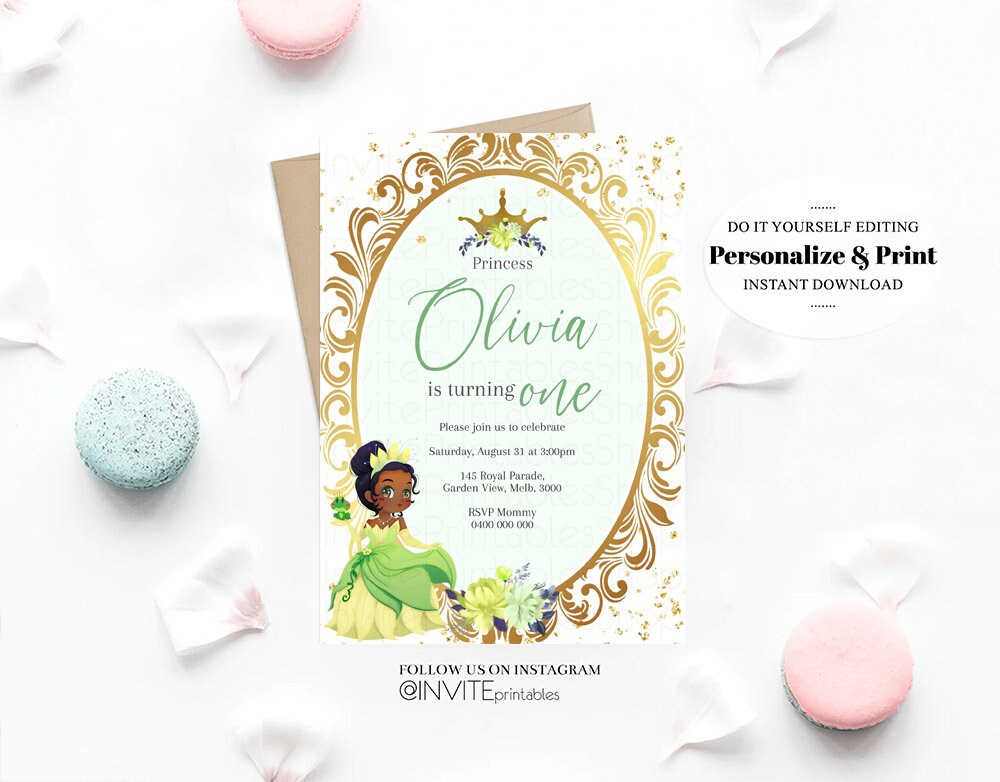 Princess Tiana Birthday Invitation Rose Crown Enchanted Castle Invitation Fairy Tale Mirror Mirror Gold Glitter Royal Celebration