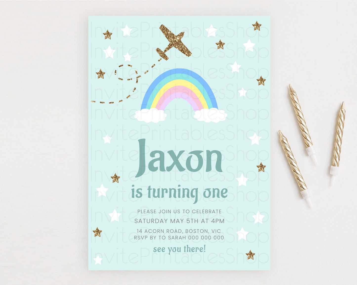 Plane Birthday Invitation Plane Invite Pastel Rainbow Clouds Stars Party Adventure Awaits Up Up Away Glitter 2nd 1st First Birthday D10296