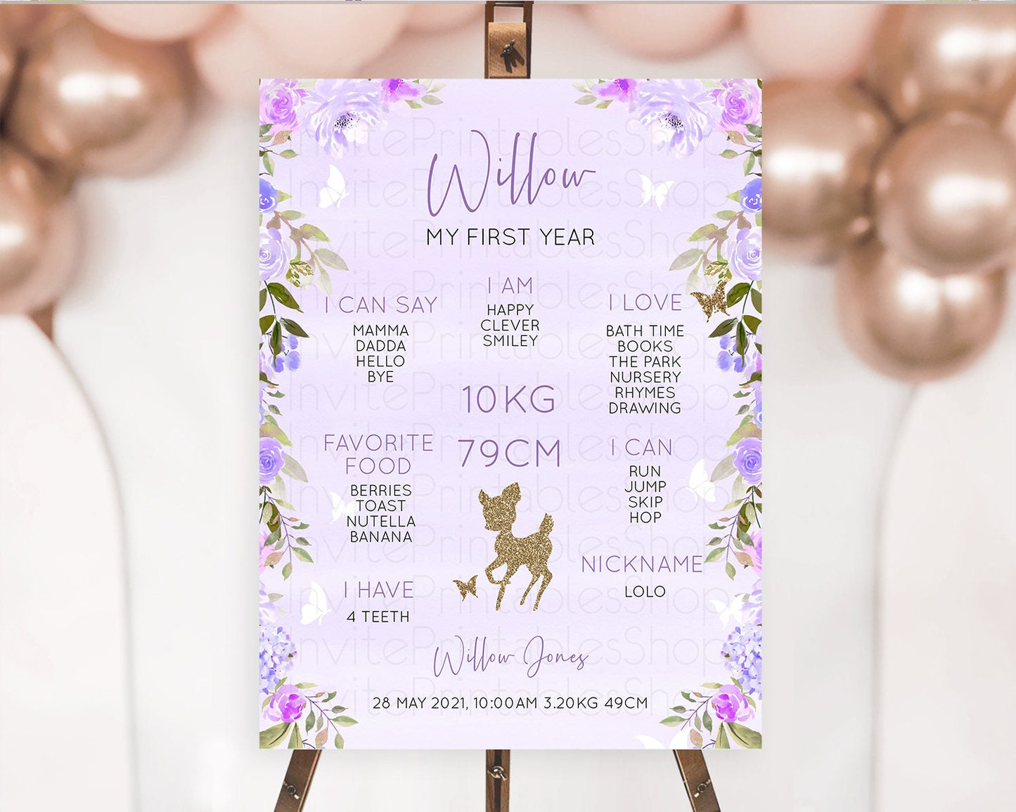 Fawn First Birthday Milestone Board Deer First Birthday Milestone Poster Enchanted Forest Butterfly Pastel Flowers 1st Birthday Sign D10963