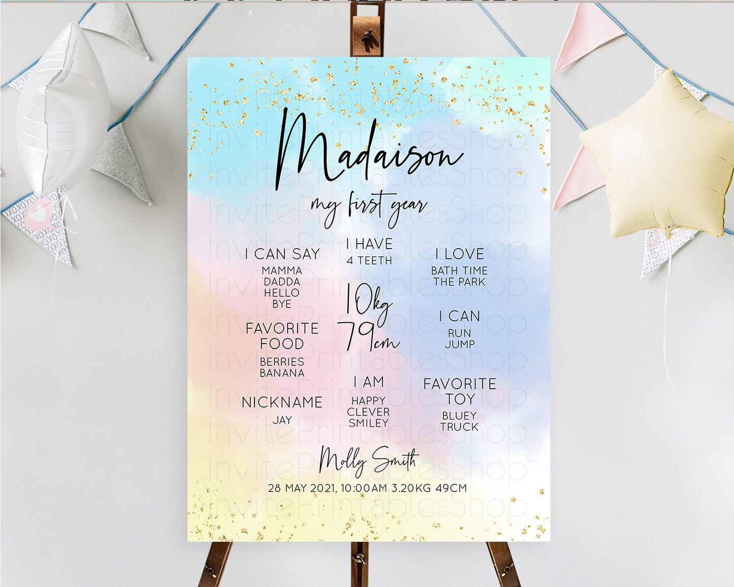 Pastel First Birthday Milestone Board Pastel Rainbow Milestone Poster Colorful Confetti Watercolor Glitter 1st Birthday Welcome Sign D10368