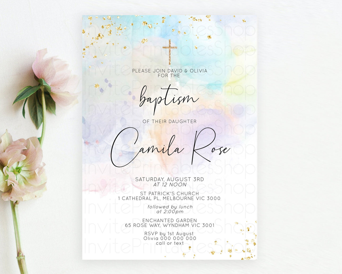 Pastel Baptism Invitation Pastel Colors Watercolor Baptism 1st Birthday Party Gold Ombre Pastel Rainbow Christening Holy Communion D10769