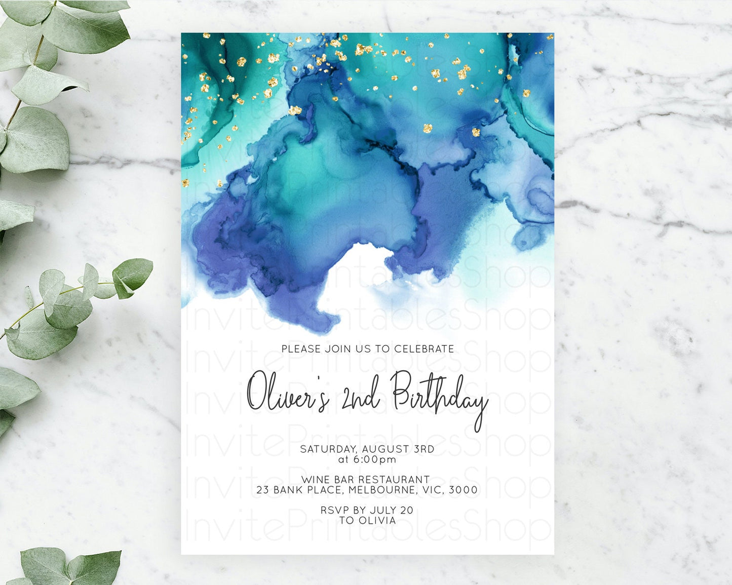 Blue Birthday Invitation Blue Watercolor Invitation Pastel Blue Watercolor Invitation Blue Splash Gold Invitation 1st First Birthday D11067