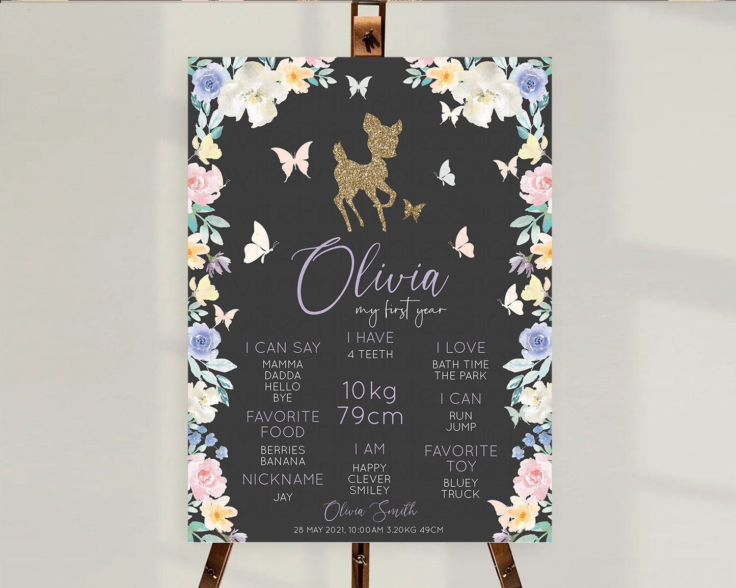 Fawn First Birthday Milestone Board Deer First Birthday Milestone Poster Enchanted Forest Butterfly Pastel Flowers 1st Birthday Sign D10323