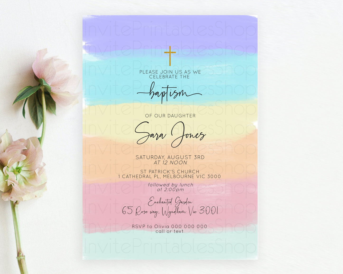 Pastel Baptism Invitation Pastel Colors Watercolor Baptism 1st Birthday Party Gold Ombre Pastel Rainbow Christening Holy Communion D10510