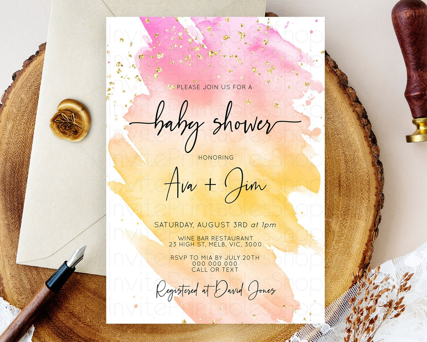 Pastel Baby Shower Invitation Rainbow Baby Shower Invitation Colorful Pastel Watercolor Invitation Gold Glitter Sprinkles Ombre D10527