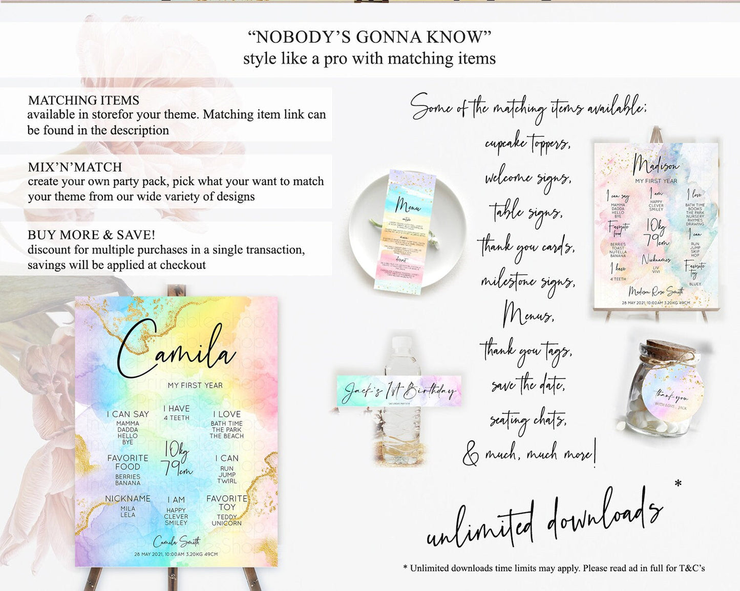 Pastel First Birthday Milestone Board Pastel Rainbow Milestone Poster Colorful Confetti Watercolor Glitter 1st Birthday Welcome Sign D10588
