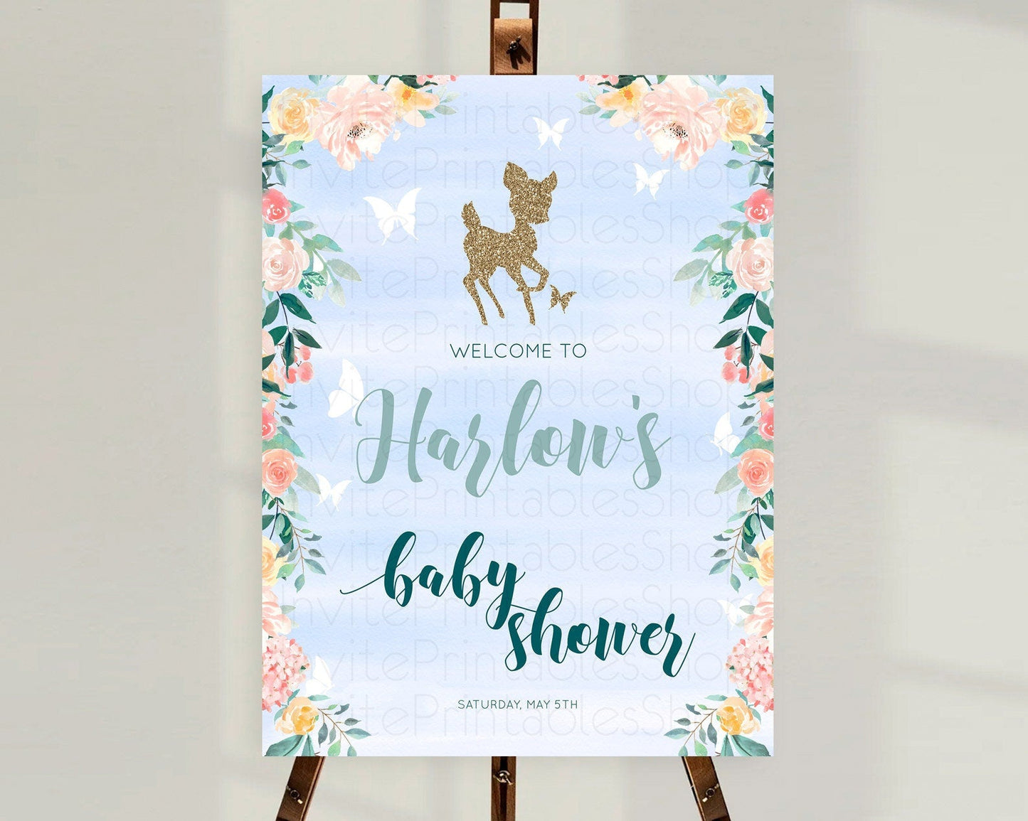 Fawn Baby Shower Welcome Sign Deer Welcome Board Floral Deer Welcome Poster Enchanted Forest Butterfly Pastel Floral Welcome Sign D10875