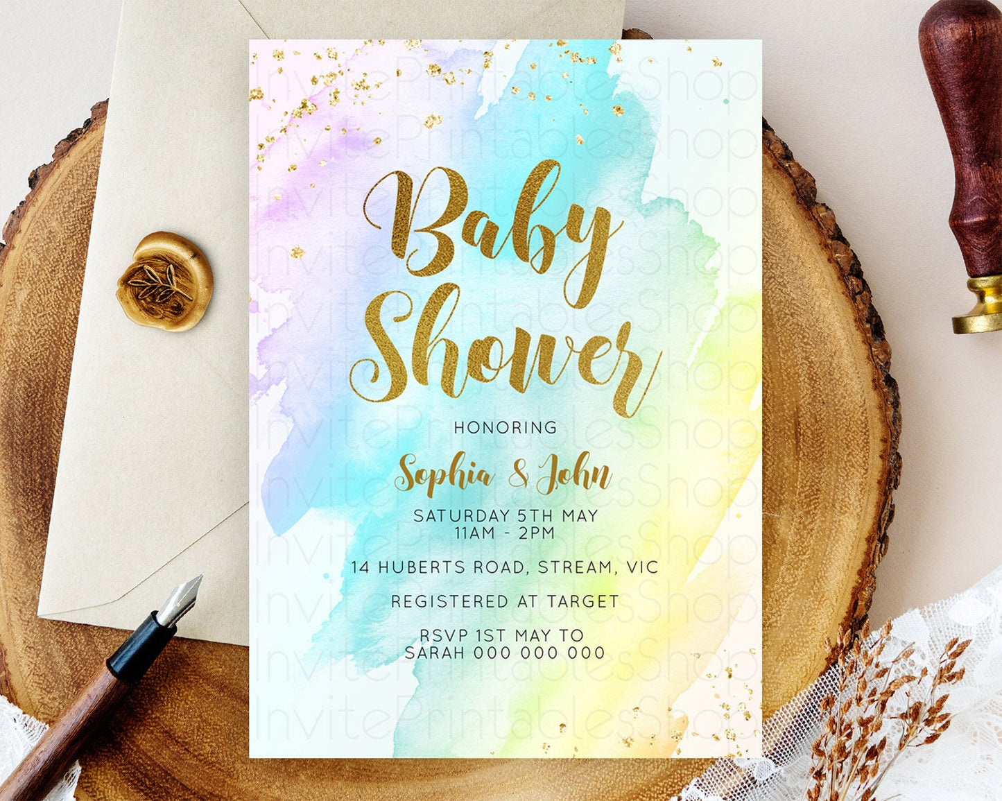 Pastel Baby Shower Invitation Rainbow Baby Shower Invitation Colorful Pastel Watercolor Invitation Gold Glitter Sprinkles Ombre D11026