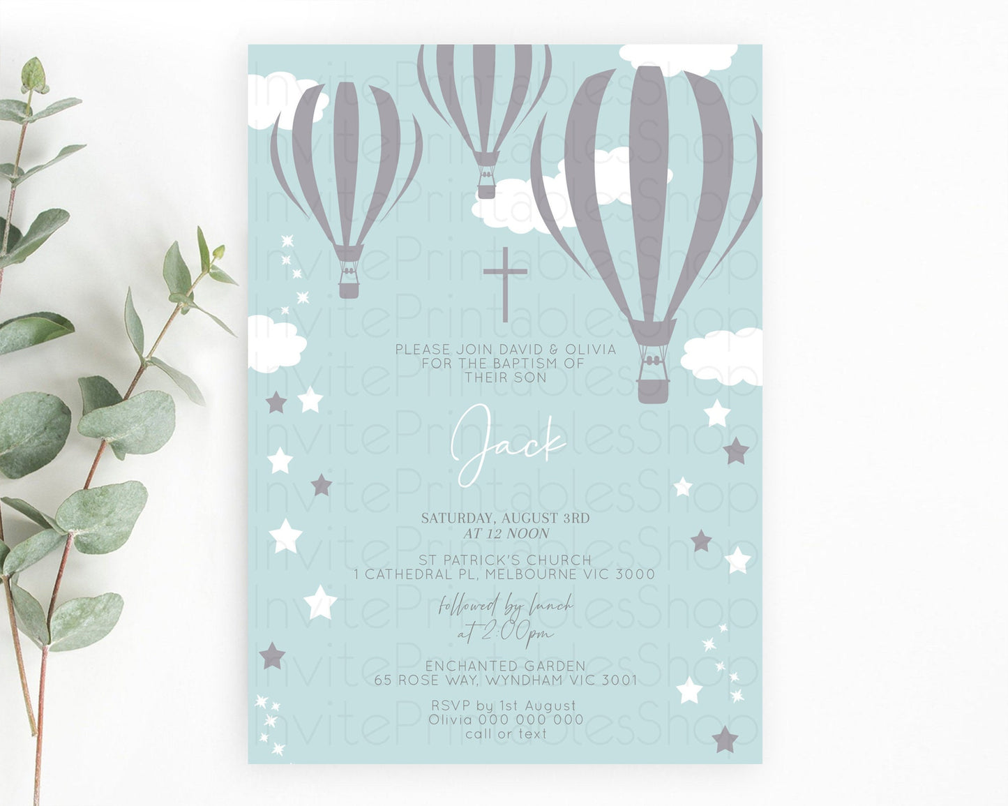 Hot Air Balloon Baptism Invitation Hot Air Balloon Baptism Birthday Invitation Adventure Awaits Up Up Away Glitter Blue Watercolor D10324