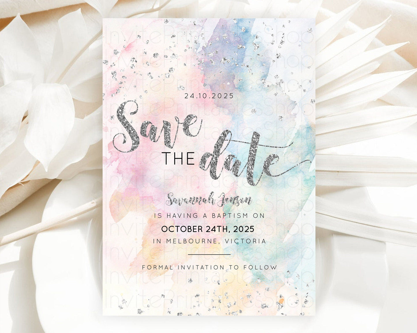 Pastel Silver Save The Date Template Rainbow Colorful Ombre Colorful Watercolor Party 1st Birthday Baptism Baby Shower Bridal Shower D10944