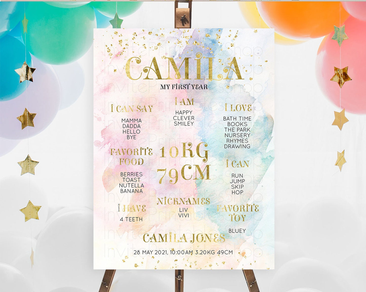 Pastel First Birthday Milestone Board Pastel Rainbow Milestone Poster Colorful Confetti Watercolor Glitter 1st Birthday Welcome Sign D10835