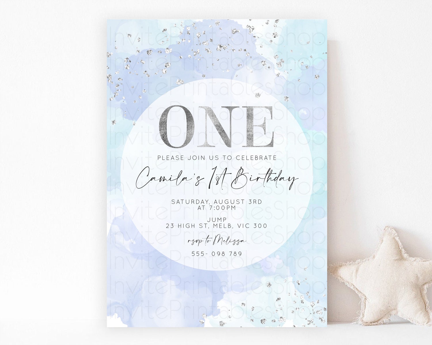 Editable Rainbow Birthday Invitation Colorful Pastel Watercolor Silver Glitt