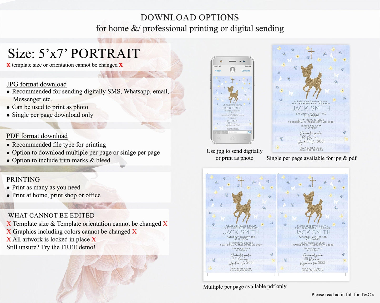 Fawn Baptism Invitation Deer Baptism 1st Birthday Invitation Enchanted Forest Christening Invitation Pastel Garden Butterfly Floral D10863