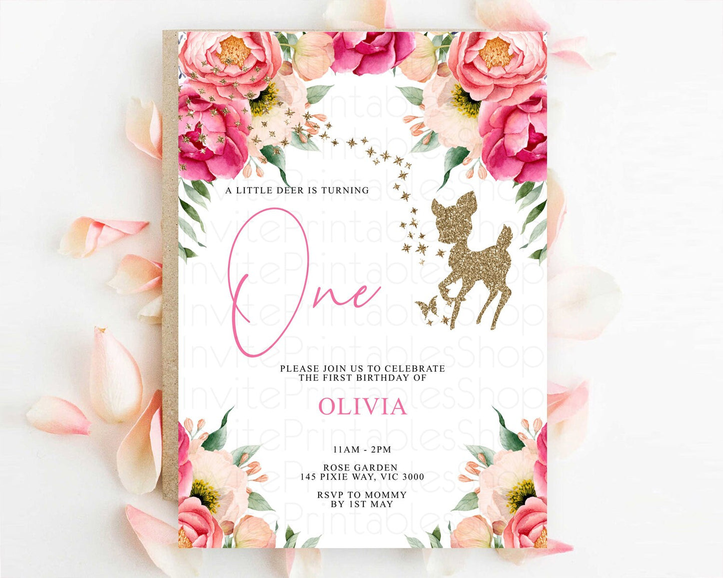 Fawn Birthday Invitation Deer Birthday Invitation Enchanted Forest Party Butterfly Pastel Flowers Whimsical 2nd 1st First Birthday D10326