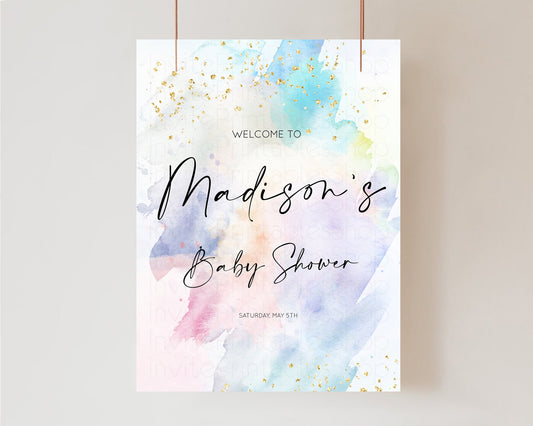 Editable Rainbow Welcome Sign Pastel Splash Baby Shower Board Colorful Water
