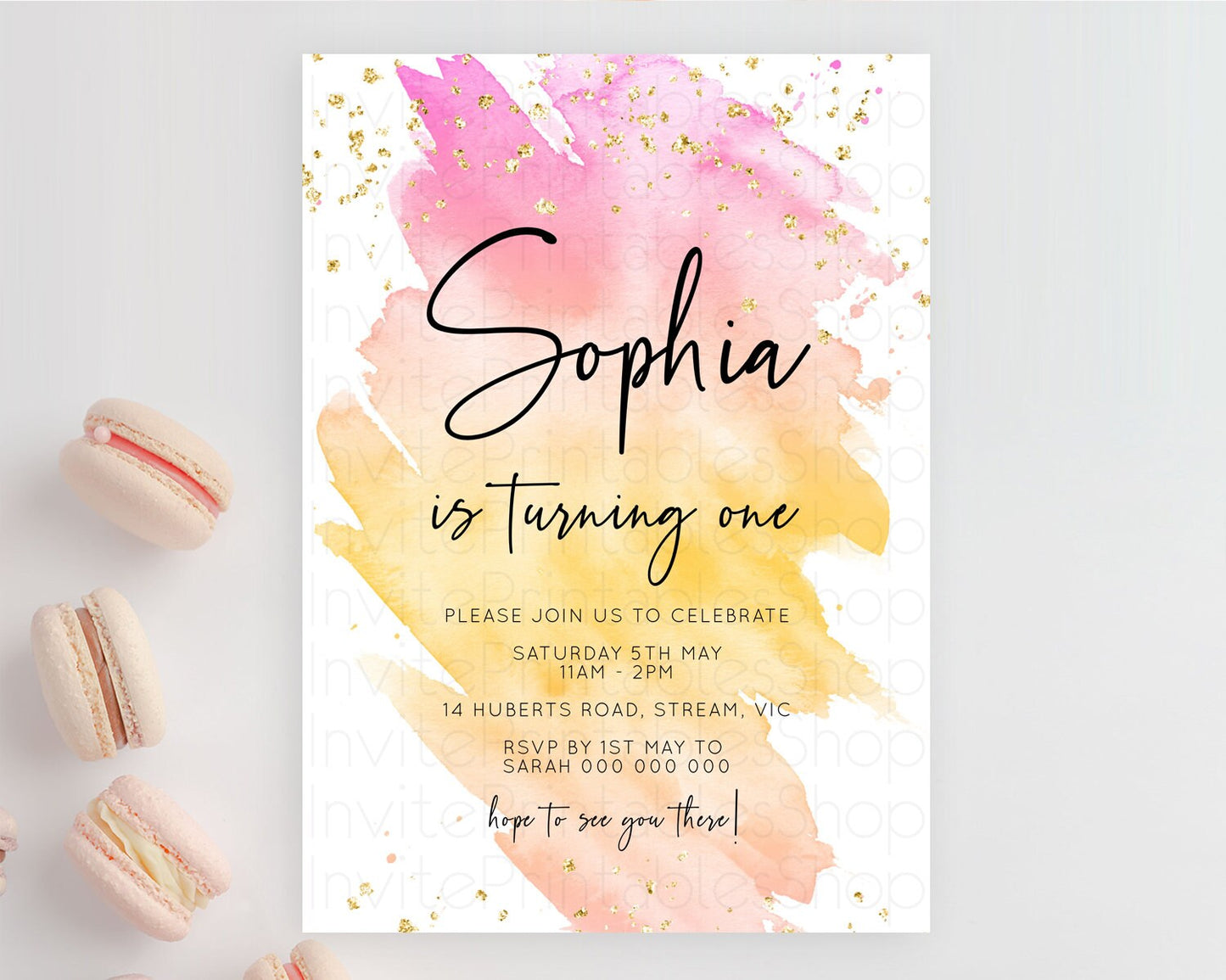 Rainbow Birthday Invitation Colorful Pastel Watercolor Invitation Gold Glitter Sprinkles Ombre Pastel 1st 2nd 3rd Birthday D10527