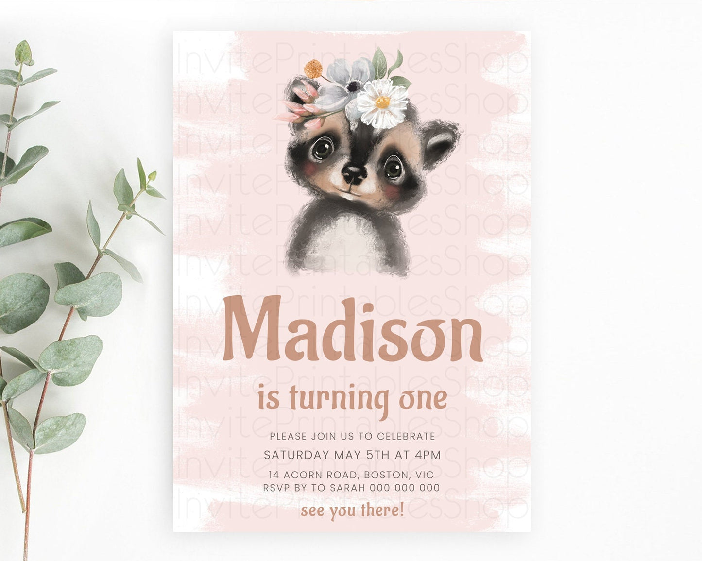 Raccoon Birthday Invitation, Enchanted Forest Adventure, Pink Woodland Theme, Baby Raccoon, 1st Birthday D10653