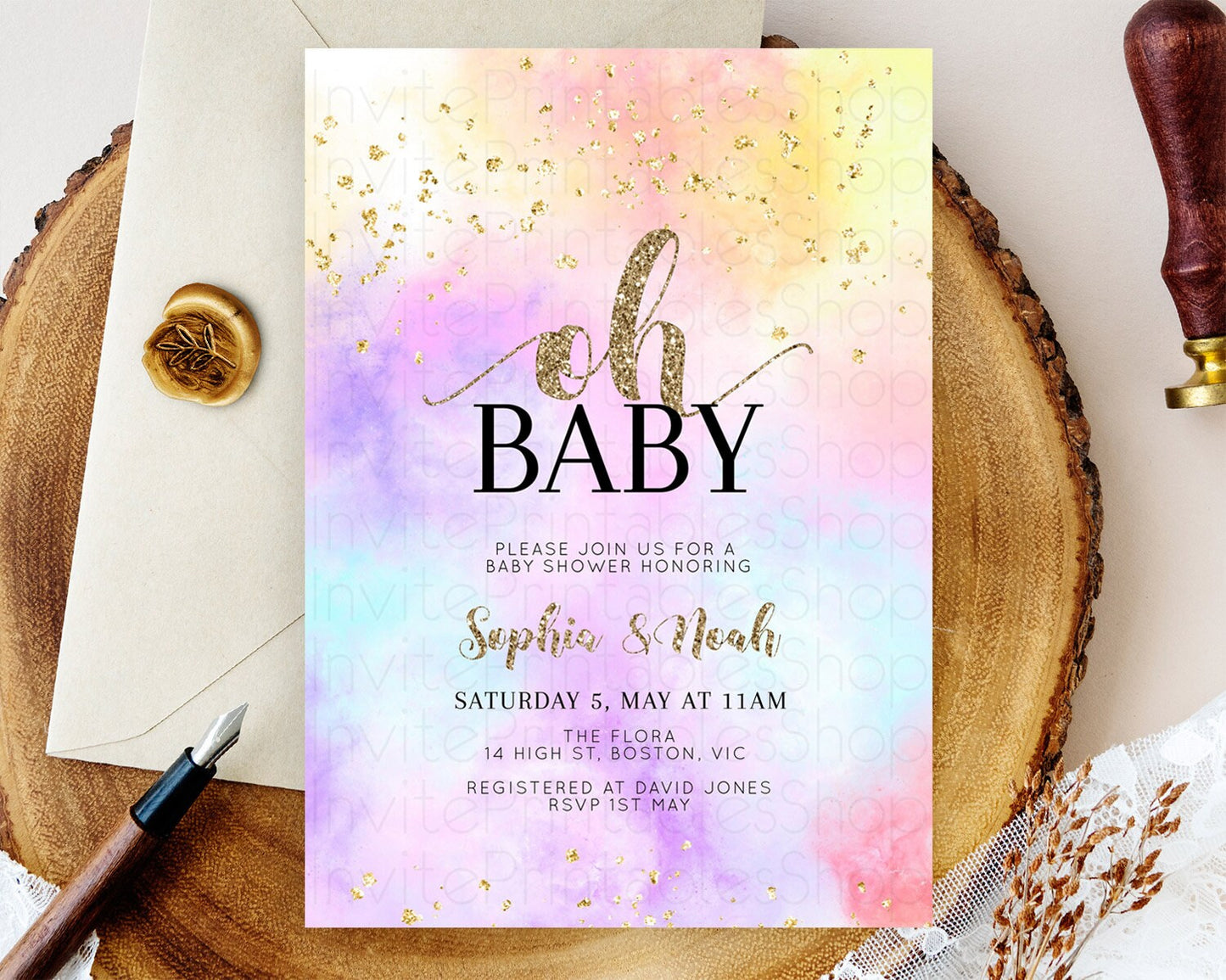 Pastel Baby Shower Invitation Rainbow Baby Shower Invitation Colorful Pastel Watercolor Invitation Gold Glitter Sprinkles Ombre D10435